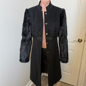 Boston Proper Elegant Black Coat with Faux Fur Sleeves Sz 6